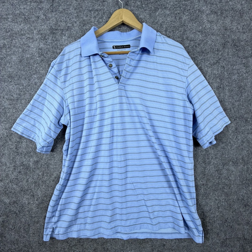 Pebble Beach Performance Polo Shirt Men XL Blue Striped Cotton Golf Sport Resort